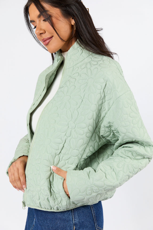 Full Bloom Sage Flower Quilted Zip Up Jacket