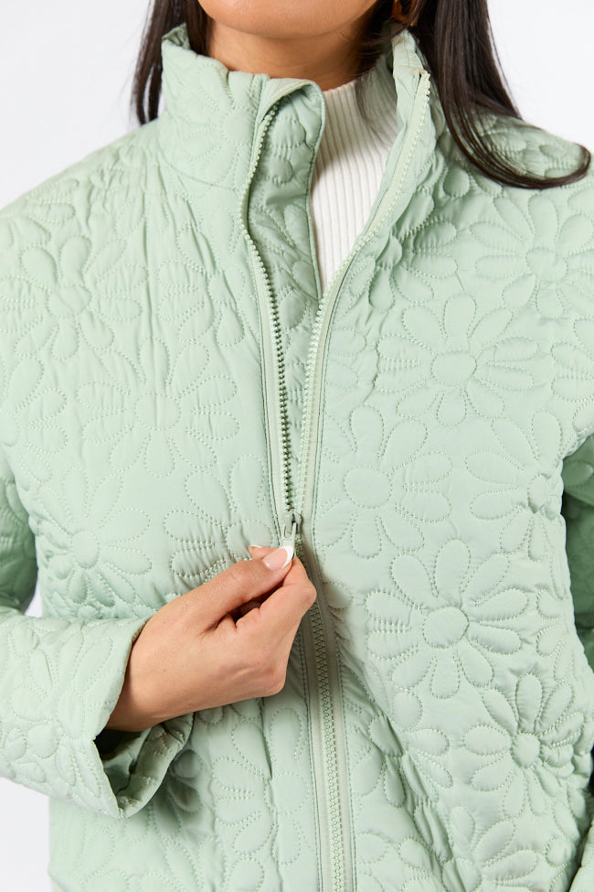 Full Bloom Sage Flower Quilted Zip Up Jacket