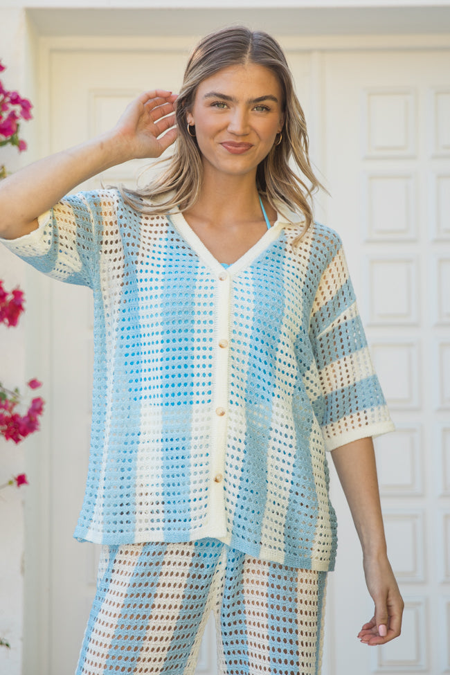 Along The Beach Blue Button Up Crochet Striped Top