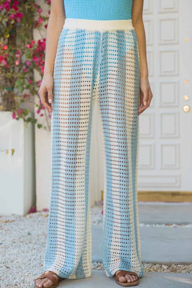 Along The Beach Blue Button Up Crochet Striped Bottoms