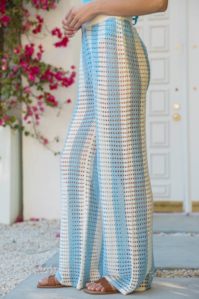 Along The Beach Blue Button Up Crochet Striped Bottoms