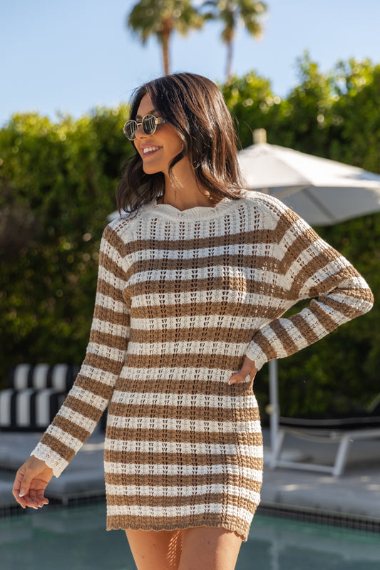 Mai Tai Memories Mocha and Ivory Striped Knit Dress