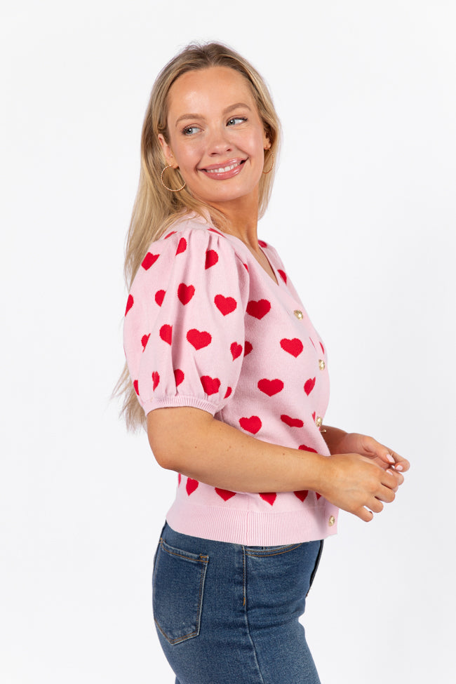 Ask Me Out Pink and Red Puff Sleeve Heart Cardigan