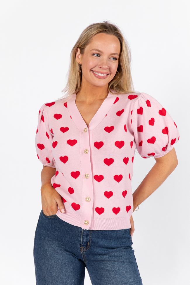 Ask Me Out Pink and Red Puff Sleeve Heart Cardigan