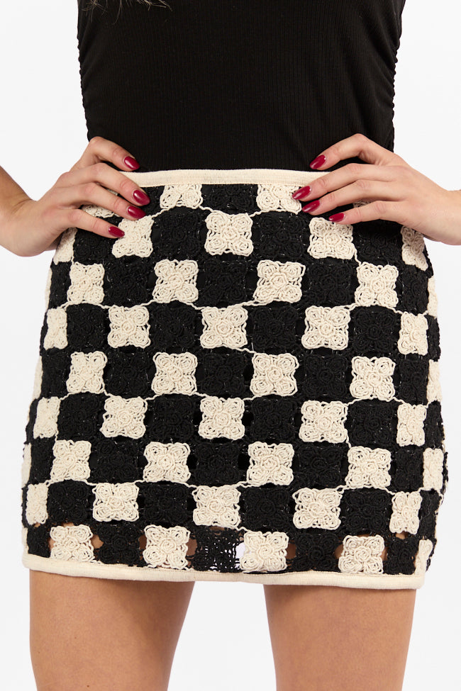 Check On Me Black and Cream Checkered Crochet Mini Skort