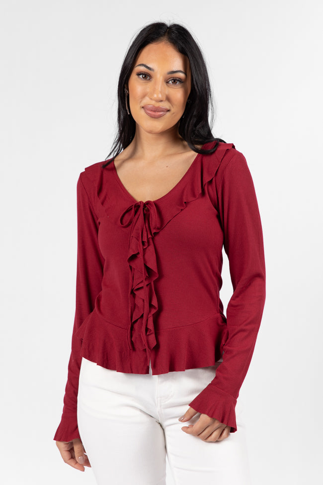 Treat You The Same Wine Ruffle Detail Ribbed Blouse