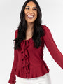 Treat You The Same Wine Ruffle Detail Ribbed Blouse