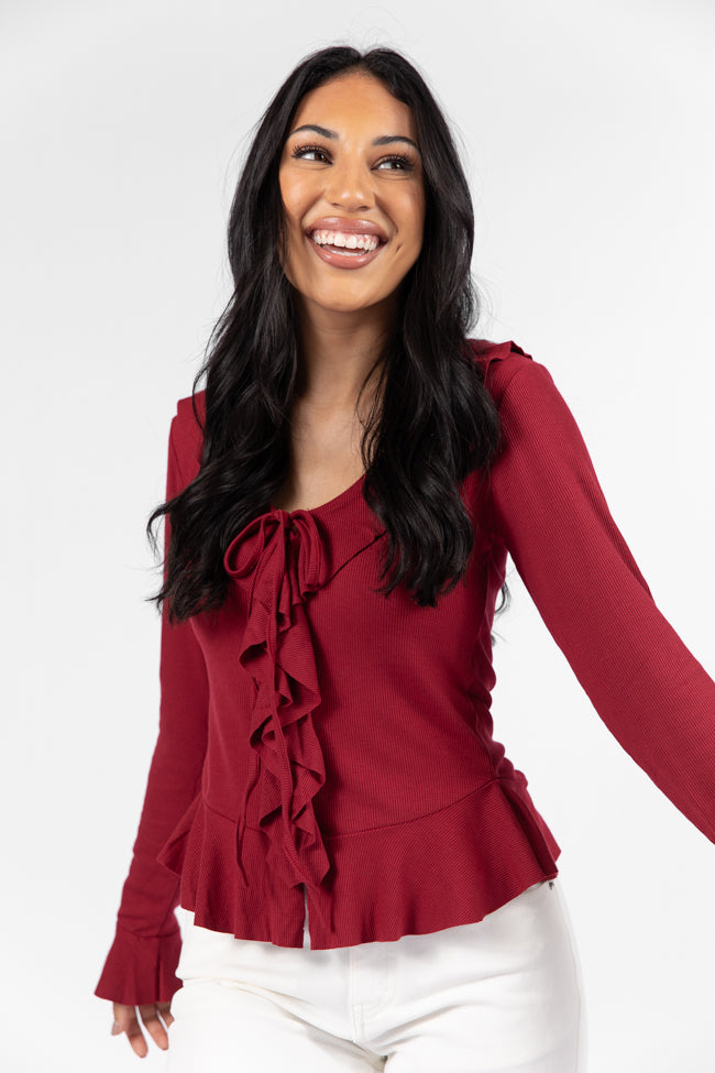 Treat You The Same Wine Ruffle Detail Ribbed Blouse