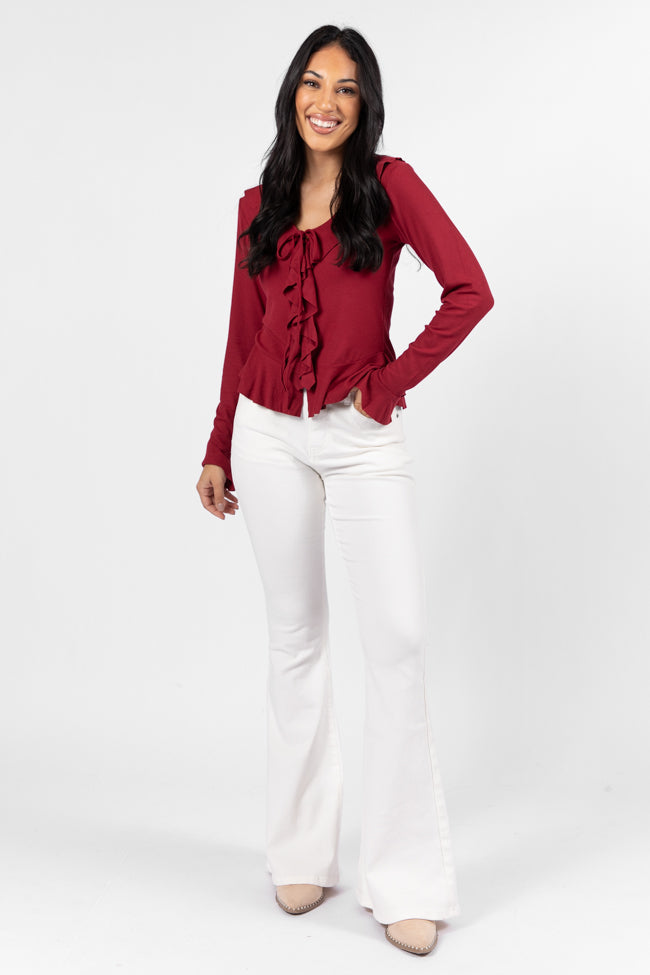 Treat You The Same Wine Ruffle Detail Ribbed Blouse