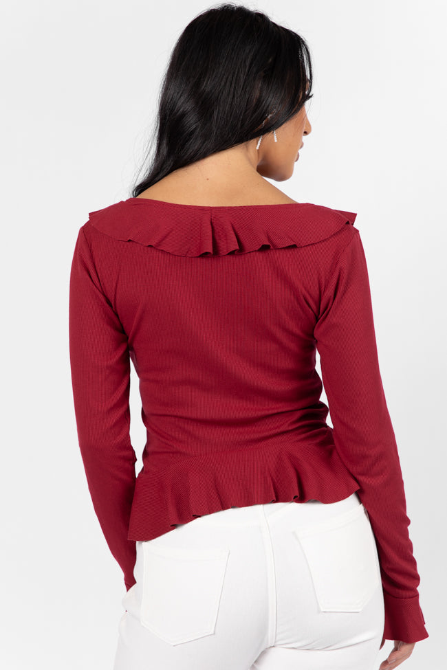 Treat You The Same Wine Ruffle Detail Ribbed Blouse