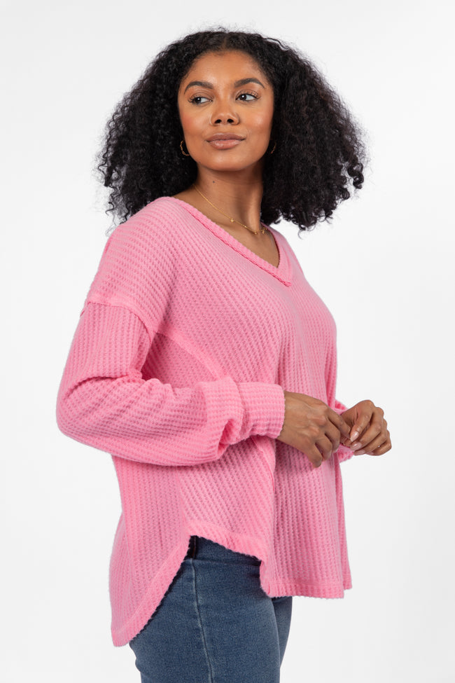 Idle Hands Pink Waffle Knit V-Neck Oversized Knit Top