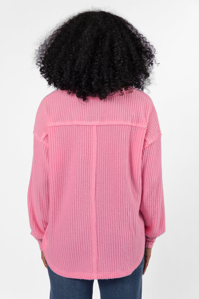 Idle Hands Pink Waffle Knit V-Neck Oversized Knit Top