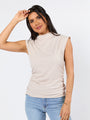 Prime Time Oatmeal Ribbed Ruched Bodice Mock Neck Tank