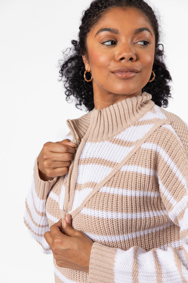 Worth Melting For Beige Striped Color Block Quarter Zip Pullover Sweater