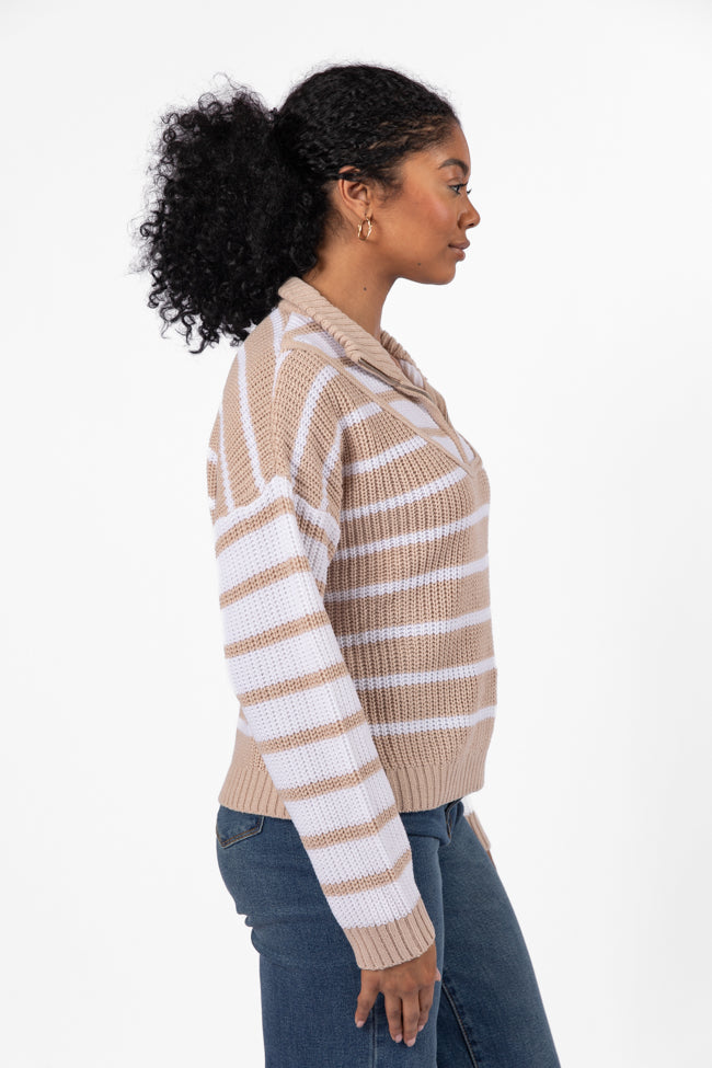 Worth Melting For Beige Striped Color Block Quarter Zip Pullover Sweater