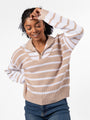 Worth Melting For Beige Striped Color Block Quarter Zip Pullover Sweater