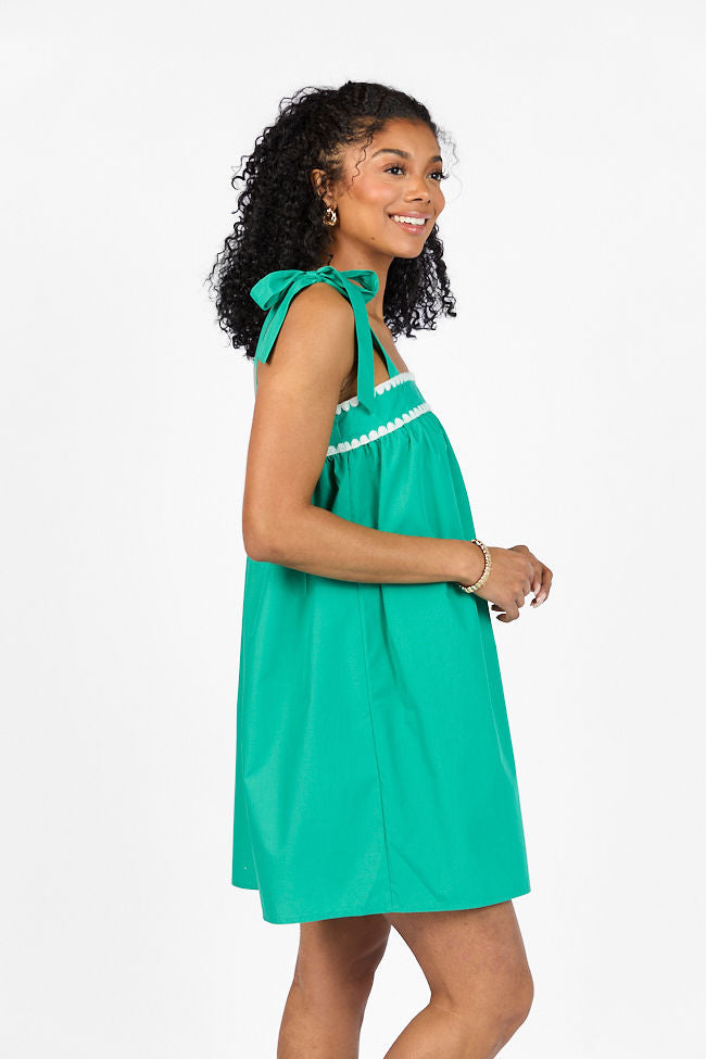 Better This Way Green Tie Shoulder Stitched Trim Mini Dress SALE