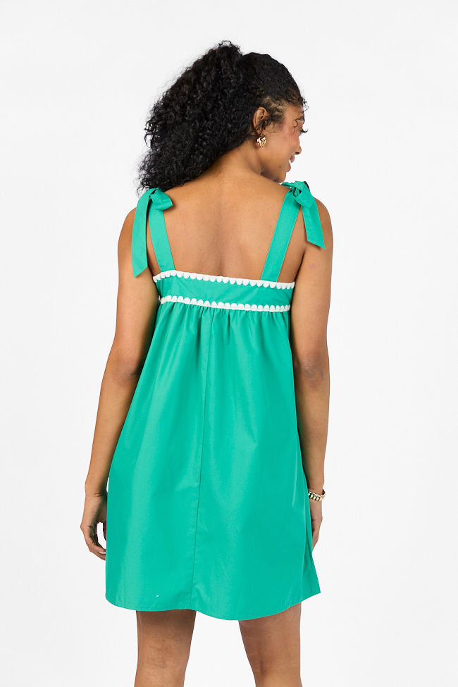 Better This Way Green Tie Shoulder Stitched Trim Mini Dress SALE