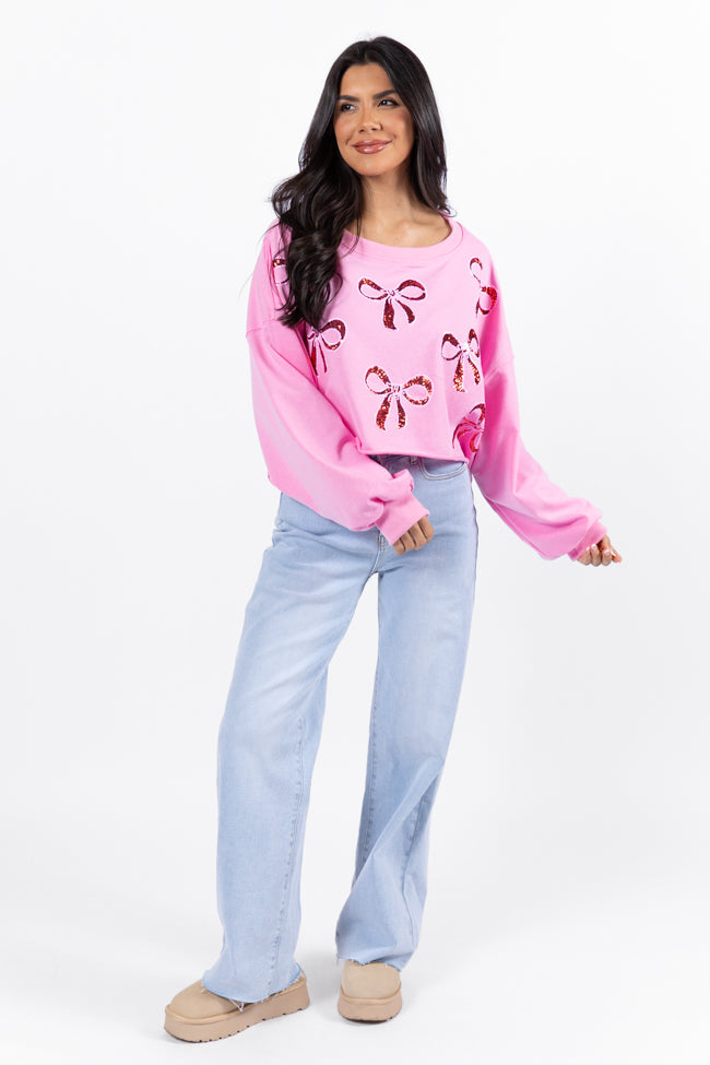 Wrapped Around My Finger Bow Sequin Patch Pink Cropped Sweatshirt