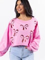 Wrapped Around My Finger Bow Sequin Patch Pink Cropped Sweatshirt