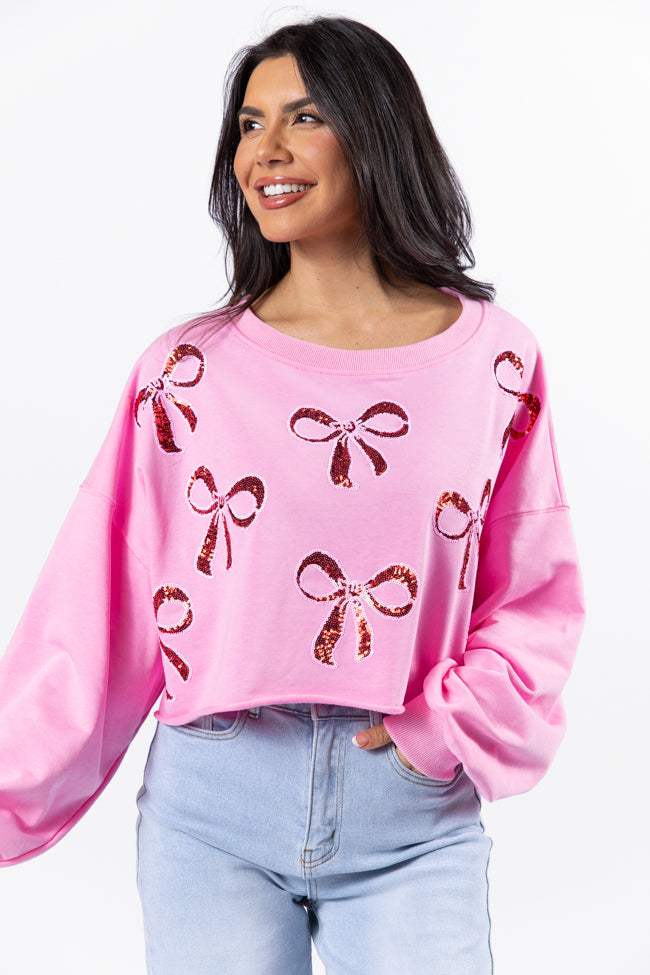 Wrapped Around My Finger Bow Sequin Patch Pink Cropped Sweatshirt