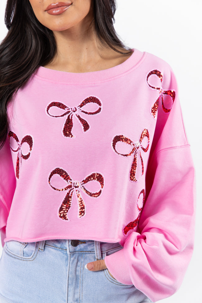 Wrapped Around My Finger Bow Sequin Patch Pink Cropped Sweatshirt