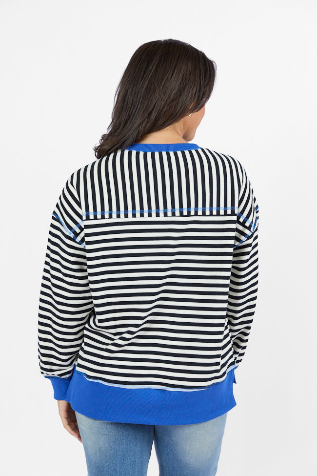 On A Dime Black and Blue Striped Sweatshirt