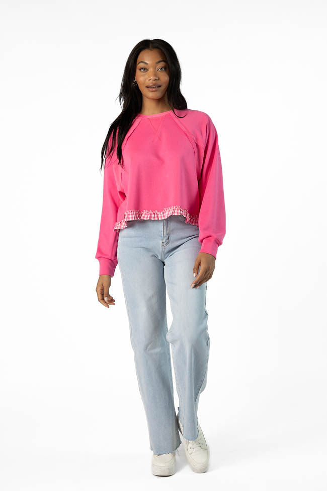 Away We Go Cropped Pink Gingham Ruffle Hem Crew Neck Sweatshirt