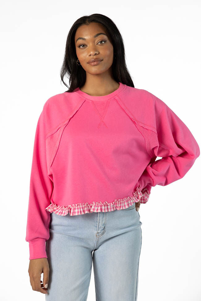 Away We Go Cropped Pink Gingham Ruffle Hem Crew Neck Sweatshirt