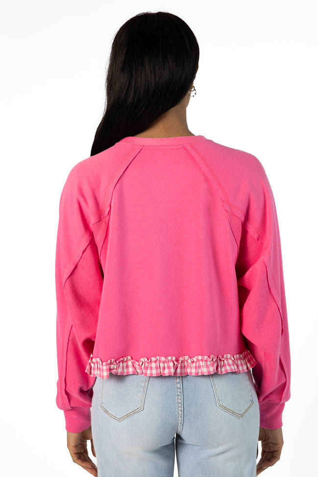 Away We Go Cropped Pink Gingham Ruffle Hem Crew Neck Sweatshirt