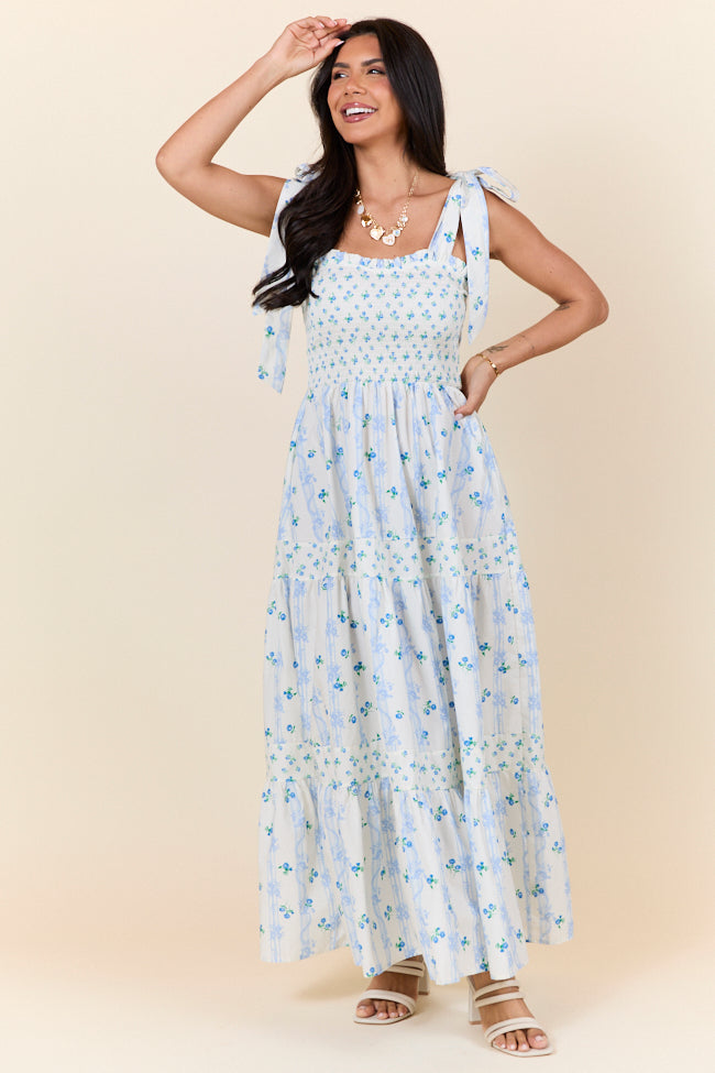 In The Meadows Ivory and Blue Smocked Print Midi Dress