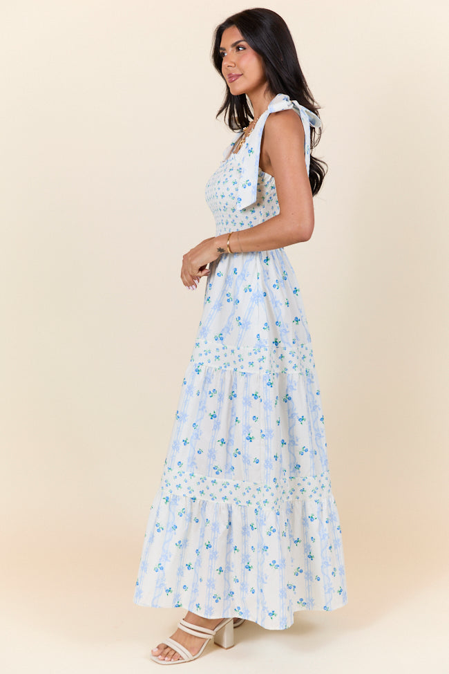 In The Meadows Ivory and Blue Smocked Print Midi Dress