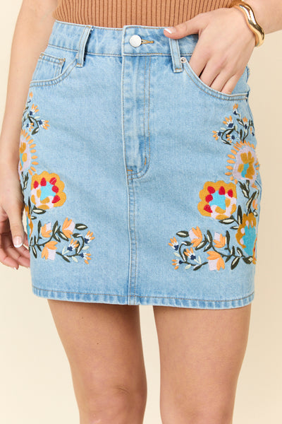 Garden Of Grace Floral Embroidered Denim Skirt FINAL SALE