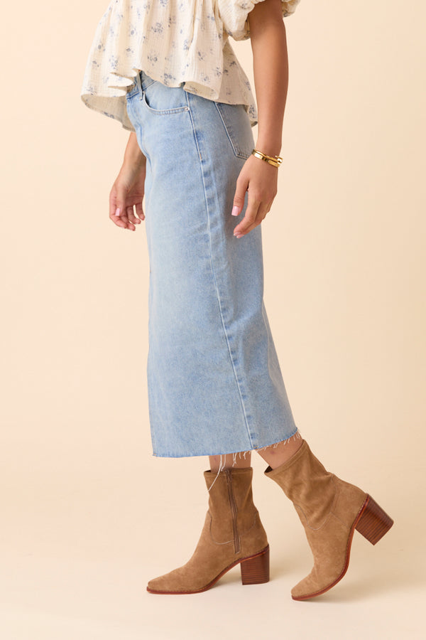 Memoi Ladies Denim Maxi Panel Skirt - Medium Wash CSK08979