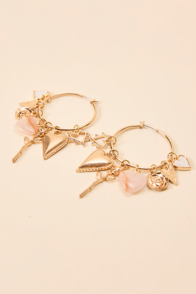 Lacy Gold Heart Charm Hoop Earrings