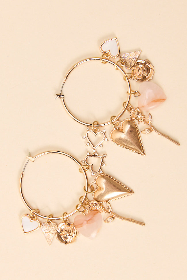 Lacy Gold Heart Charm Hoop Earrings