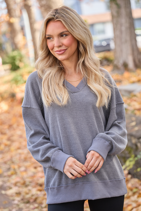 Cruz Oversized V-Neck Waffle Knit Charcoal Pullover
