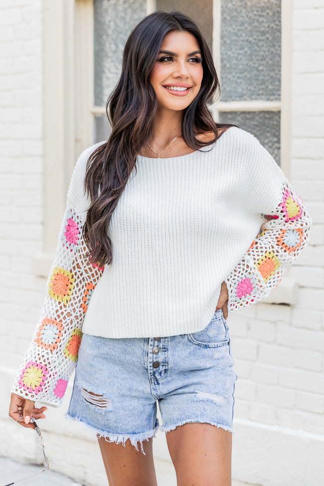 Something To Tell Ivory Bright Multi Crochet Sleeve Sweater