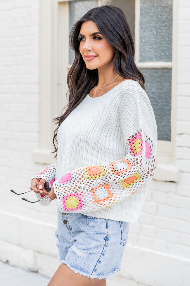 Something To Tell Ivory Bright Multi Crochet Sleeve Sweater
