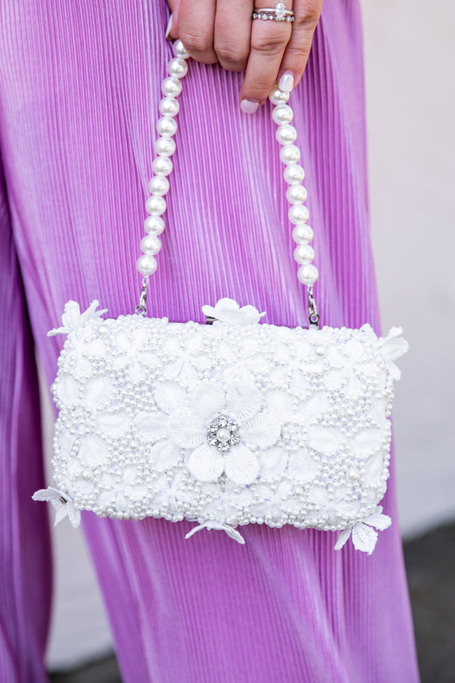 Going To The Chapel White Beaded Floral Applique Purse