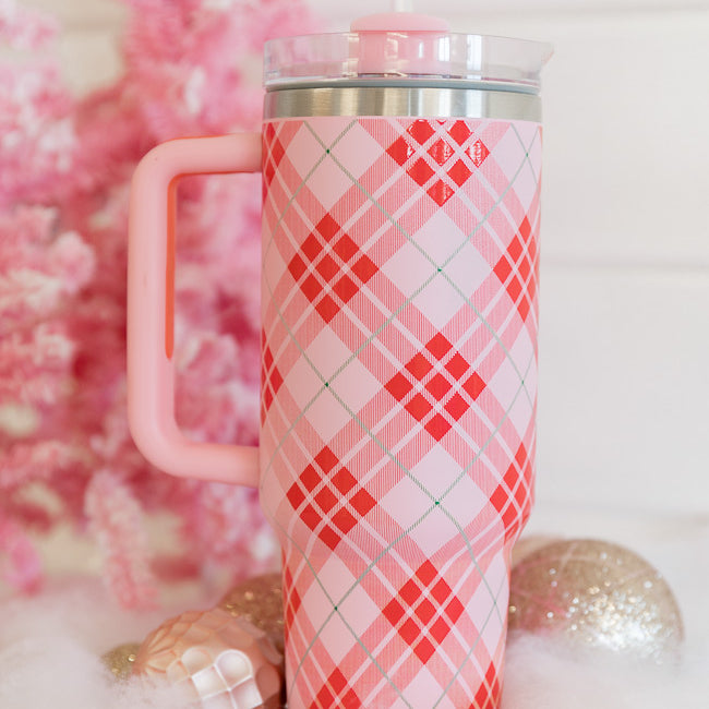 Sippin' Pretty Neutral Smiley and Daisy Checkered 40oz Drink Tumbler With  Lid And Straw