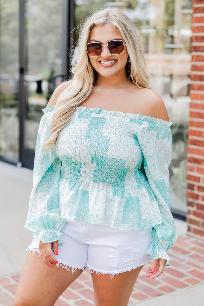 A New Way Green Patch Print Off The Shoulder Blouse FINAL SALE