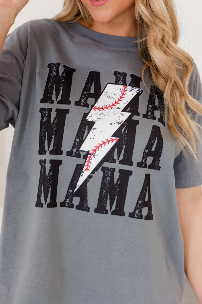 Mama Repeat Baseball Lightning Bolt Grey Oversized Graphic Tee