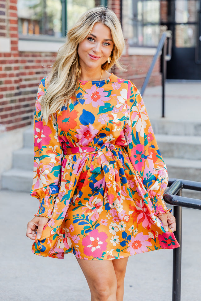 Call In The Morning Yellow Floral Long Sleeve Satin Mini Dress FINAL SALE