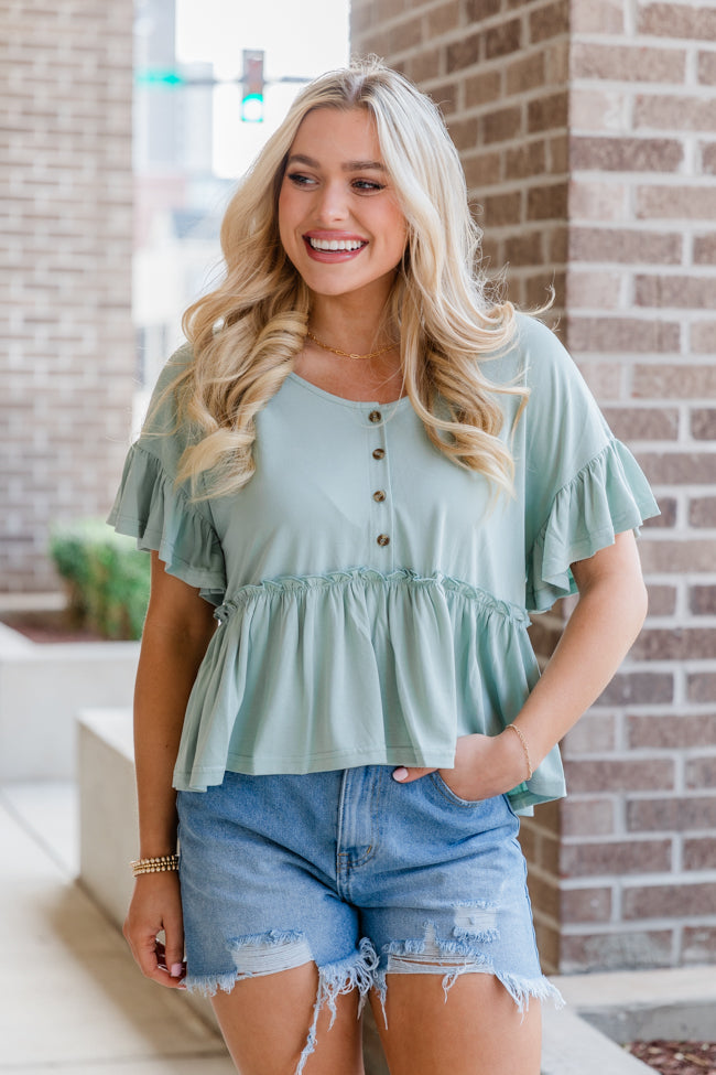Lost In Thought Sage Henley Knit Babydoll Tee