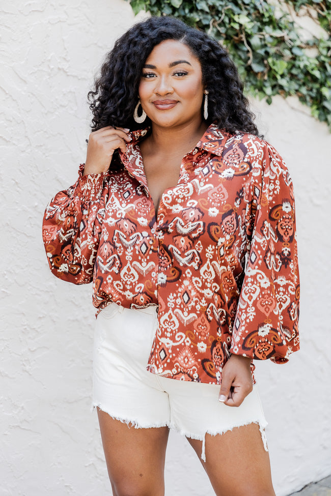 I've Been Waiting Rust Printed Satin Button Front Blouse
