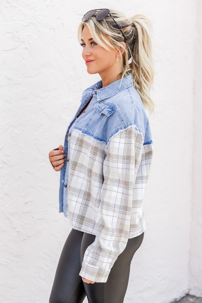 A Different Direction Ivory And Beige Plaid Detail Denim Jacket