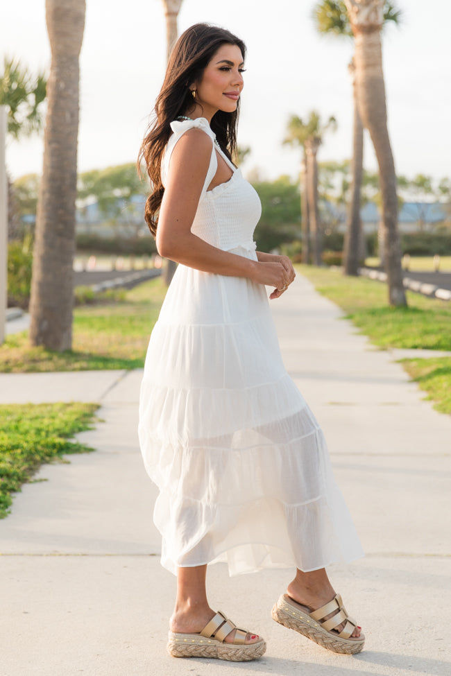 Live In the Moment White Smocked Tiered Midi Dress FINAL SALE