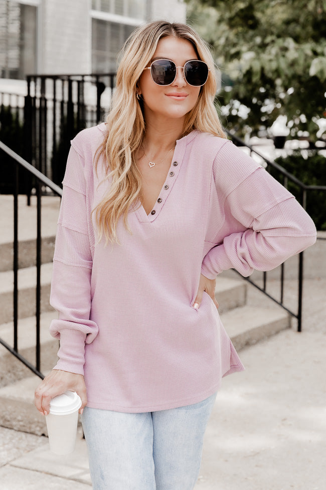In Full Support Mauve Henley Waffle Knit Blouse