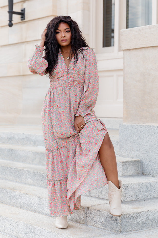 Maybe Later Sage Floral Printed Long Sleeve Tiered Maxi Dress FINAL SALE